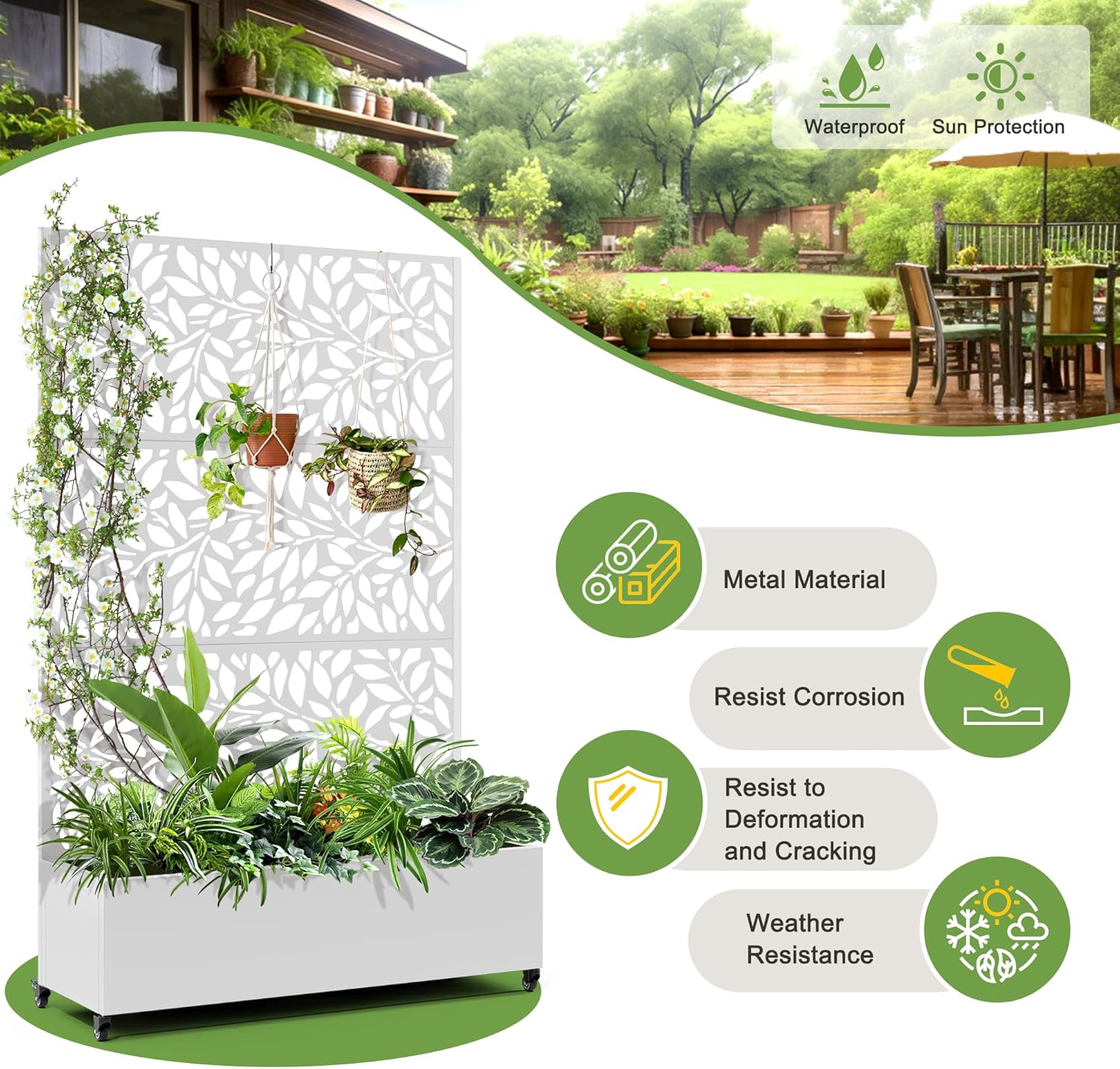 FENCY Metal Raised Garden Bed with Wheels and Trellis,73"x47"x16" Planter Box for Climbing Plants, Vegetables & Vines, Features Privacy Screen and Drainage Holes (White-Leaf-2)