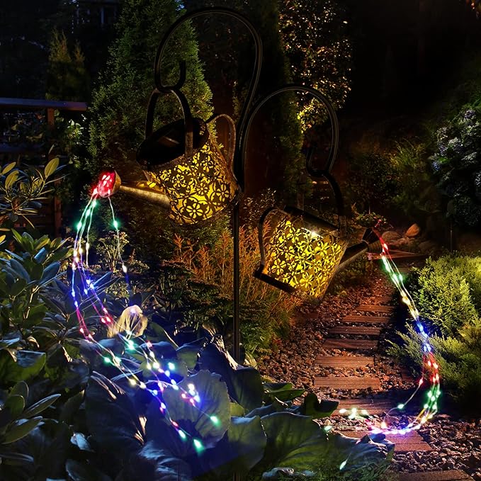 MEREAR Solar Watering Can Lights Outdoor with 8 Multi-Color Changing Modes, IP65 Waterproof Landscape Light Garden Decor, One Pole Two Lights Outside Decorations for Lawn, Backyard, Patio, Chrismas