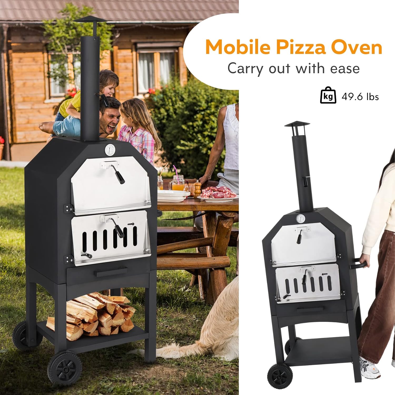 Outvita Outdoor Pizza Oven, Wood Fired Pizza Oven with Adjustable Chimney, Wheels, Pizza Stone, Pizza Peel, Grill Rack for Patio Cooking Picnic Party