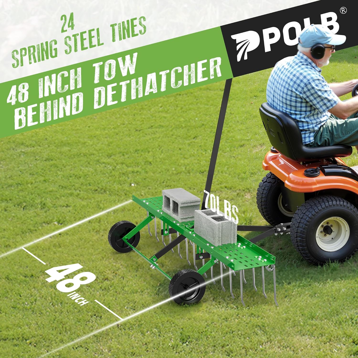 48" Tow-Behind Dethatcher with 24 Spring Steel Tines, Pull Behind Lawn Tractor Mower Grass Rake for Yard, Garden, and Farm Care – Removes Thatch, Leaves, and Pine Needles-Green