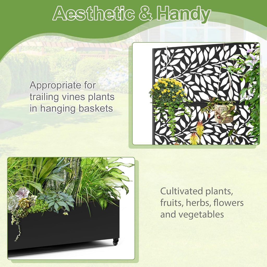 Raised Garden Bed with Trellis and Wheels,73"x47"x16" Metal Raised Garden Bed,Black Flowing Leaf-2 Metal Planter with Climbing Trellis for Vines & Vegetables