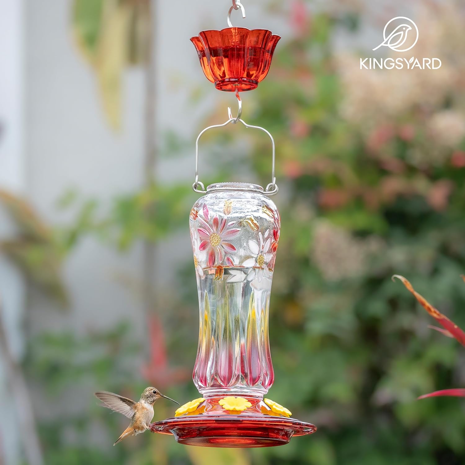 Kingsyard Hummingbird Feeder for Outdoors Hanging, 25 Ounces, Glass Humming Bird Nectar Feeder with Ant Moat & 6 Feeding Ports, Leak Proof, Red