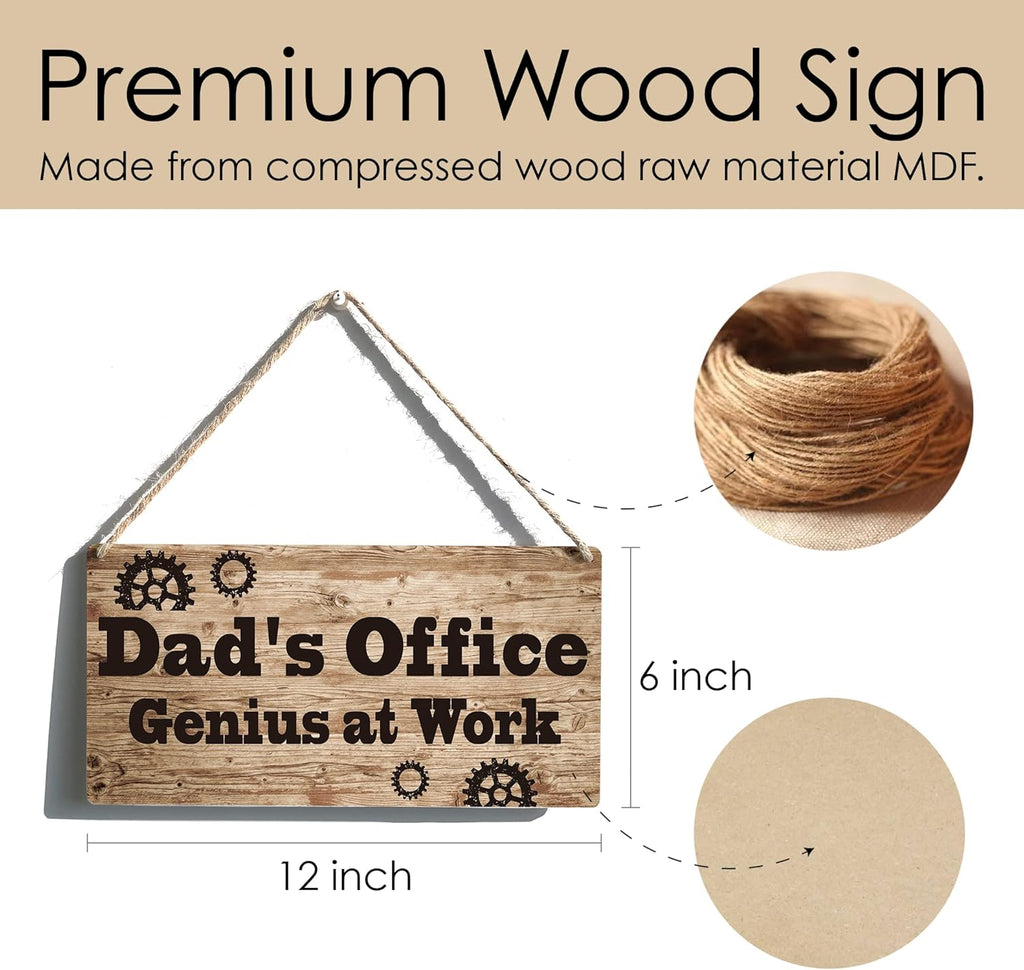 Dad Sign Gift Farmhouse Dad's Office Genius At Work Wooden Hanging Sign Plaque Retro Wall Art Decor Home Decoration 12 x 6 Inches