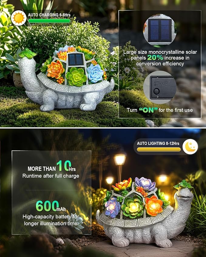Solar Garden Decor Turtle Statues Lights, Outdoor Figurine Decorations Ornament Lamps for Outside Yard, Lawn, Patio, Porch, Balcony, Unique Birthday Housewarming Gifts for women Mom Grandma(hat)