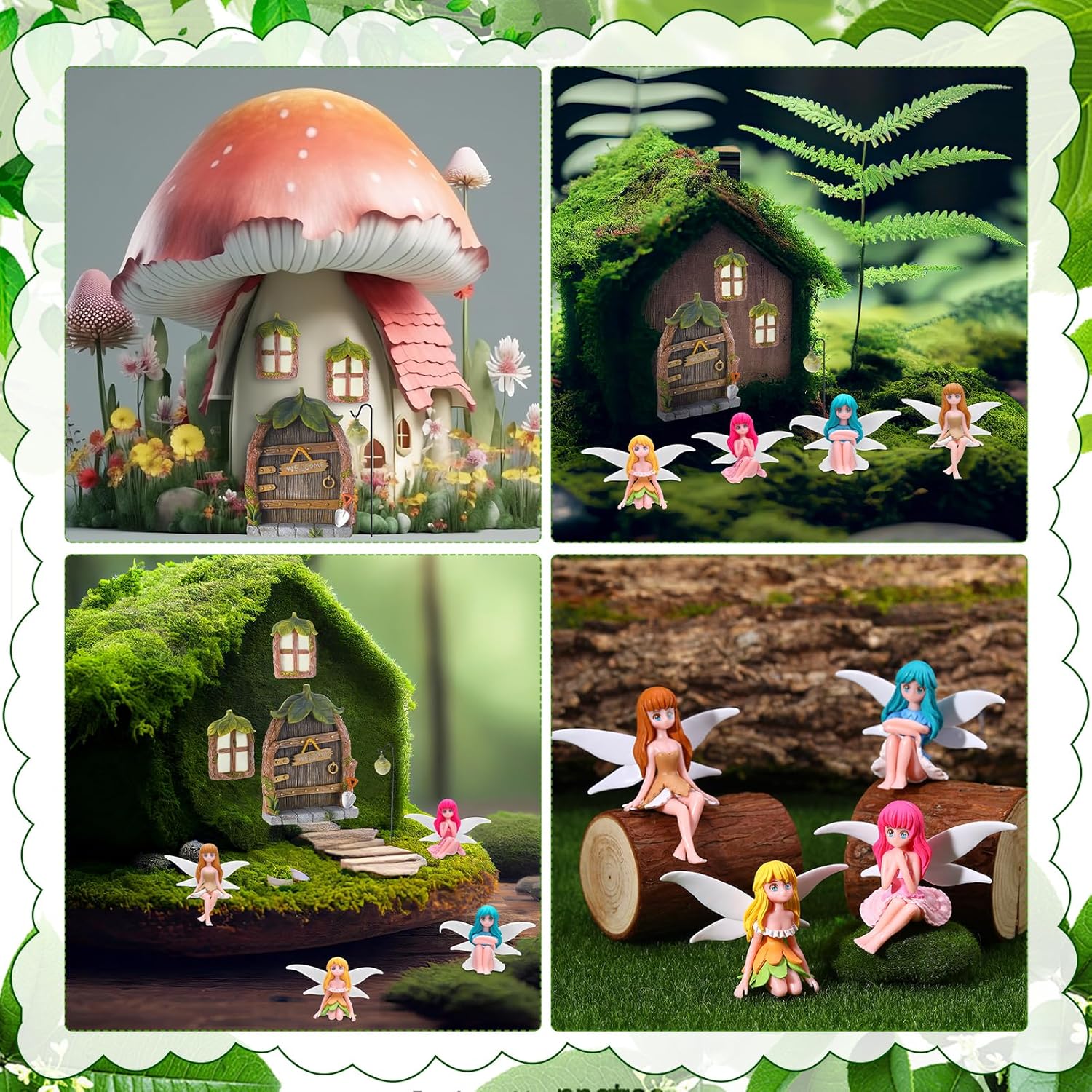 Glowing Miniature Fairy Garden Accessories, 4-Piece Miniature Fairy Figurines Glow in The Dark Fairy Door and Windows for Trees Set, Resin Light Up Sculpture Kit for Outdoor & Indoor Gardens