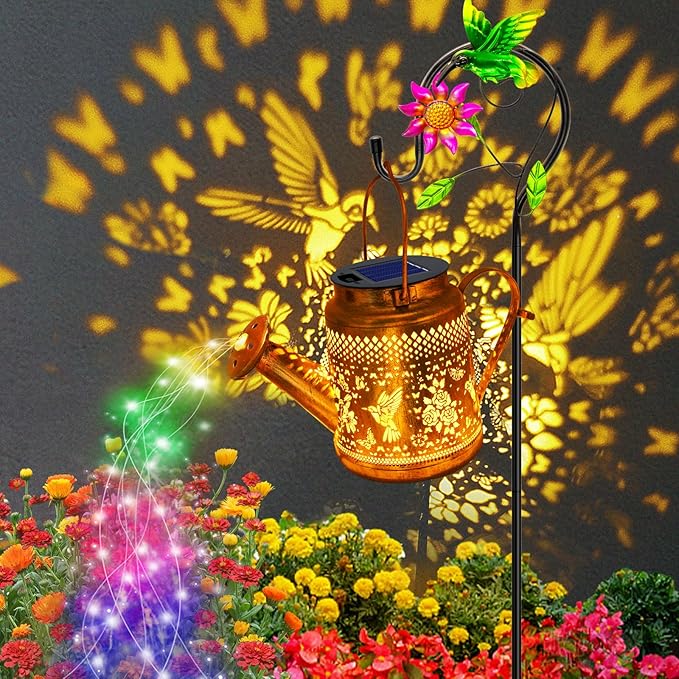 2 Pack Solar Lanterns Outdoor Waterproof,Hummingbird Watering Can Garden Decor,Hanging Solar Path Lights Yard Art,Outside Patio Decorations Gardening Birthday Gifts for Mom Grandma Women (with Hook)