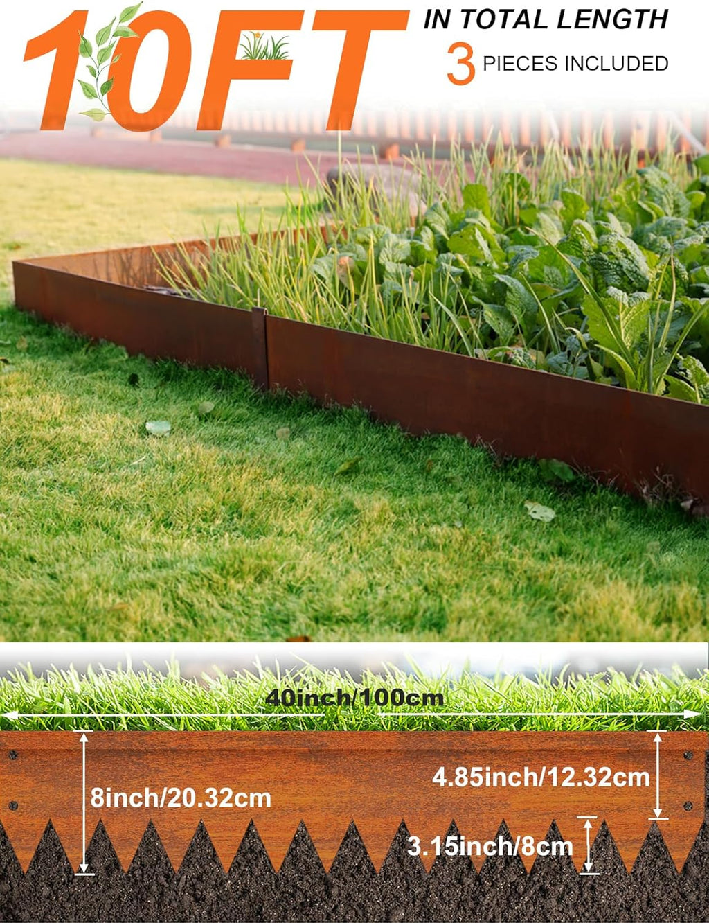 Vinci Landscape Edging Border, 40" L x 8" H 3Pack 10FT Total Rusted Corten Steel Garden Edging with Spikes, Sturdy Elegant Metal Lawn Broder for Flower Beds, Pathways, Paver Edges and Yard