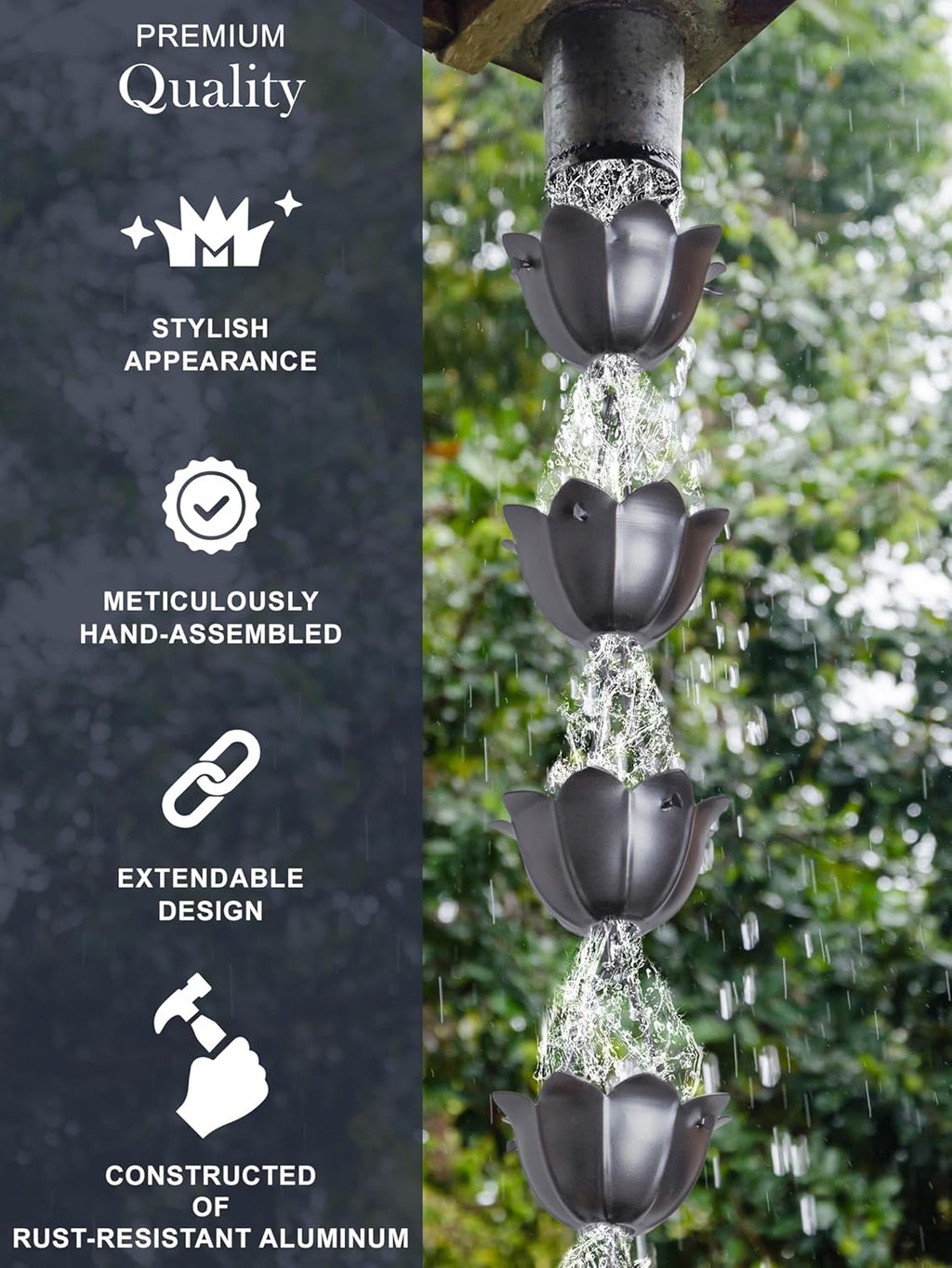 Monarch Rain Chains Aluminum Large Lotus Rain Chain, 8.5 ft Pewter Powder Coated Aluminum Decorative Rain Catcher Chain for Gutters, Pewter Aluminum Rain Gutter Replacement Downspout
