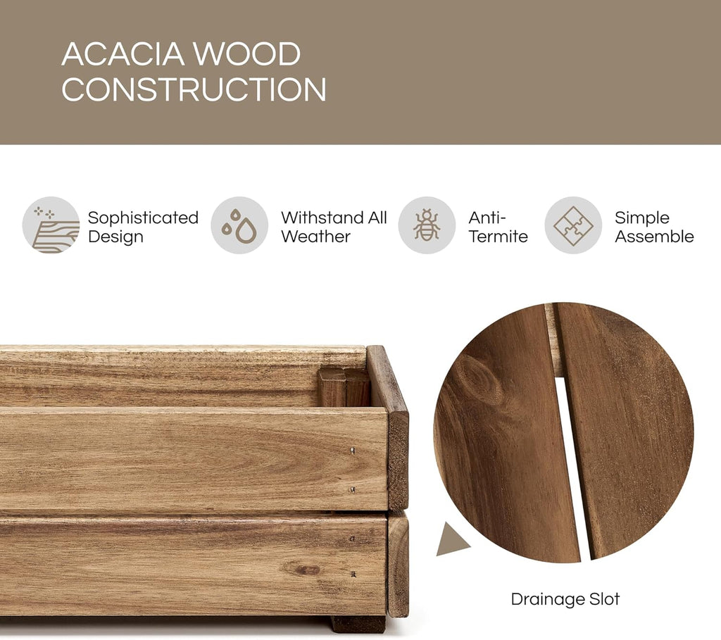 Wooden Planter Box, Storage Box 17”L x6”W x5.5”H with Crate Style, Acacia Wood Flower Container, Rustic Rectangle Planter for Planting, Decor and Storage - 3 Colors (Natural)