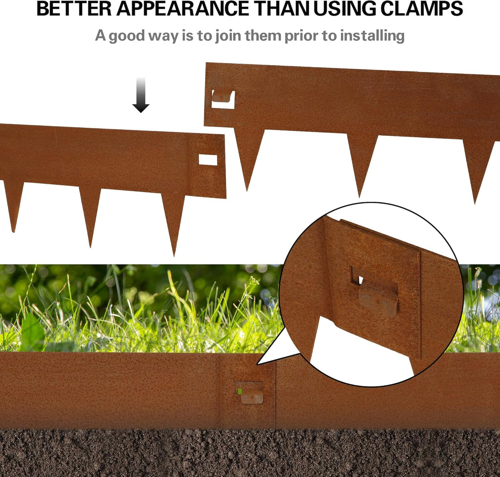 Worth Garden 6-Pack 6" H. Corten Steel Landscape Lawn Edging (20Ft Total) - Rust Patina Finish 18-Gauge Bendable Metal Strips - Hammer-in Edging Border - Buckle Connection - Yard Pathway Divider