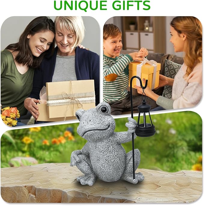 Solar Garden Outdoor Statues Frog with Solar Lantern, Lawn Decor Frog Figurine for Patio Balcony Yard, Yard Unique Christmas Birthdays Gift for Mom Grandma