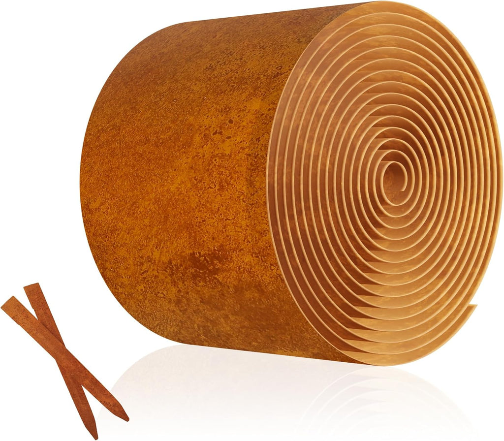 Metal Garden Landscape Edging with 8Pcs Stakes, 6" x 25Ft Galvanized Steel Lawn Edgings Roll Flexible Coil Border for Landcaping,Flower Bed,Rusty