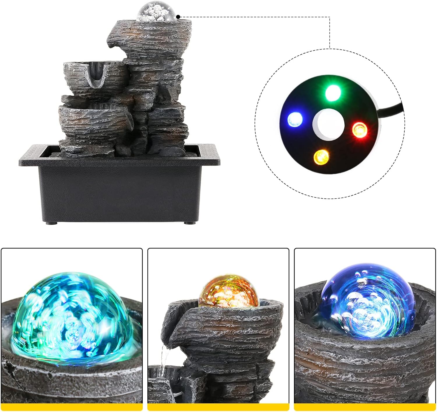 Dyna-Living Water Fountains Indoor Tabletop Fountain with Pump Waterfall Fountain Indoor Coloured LED Lights Desk Water Fountains for Home Office Decor Style 1