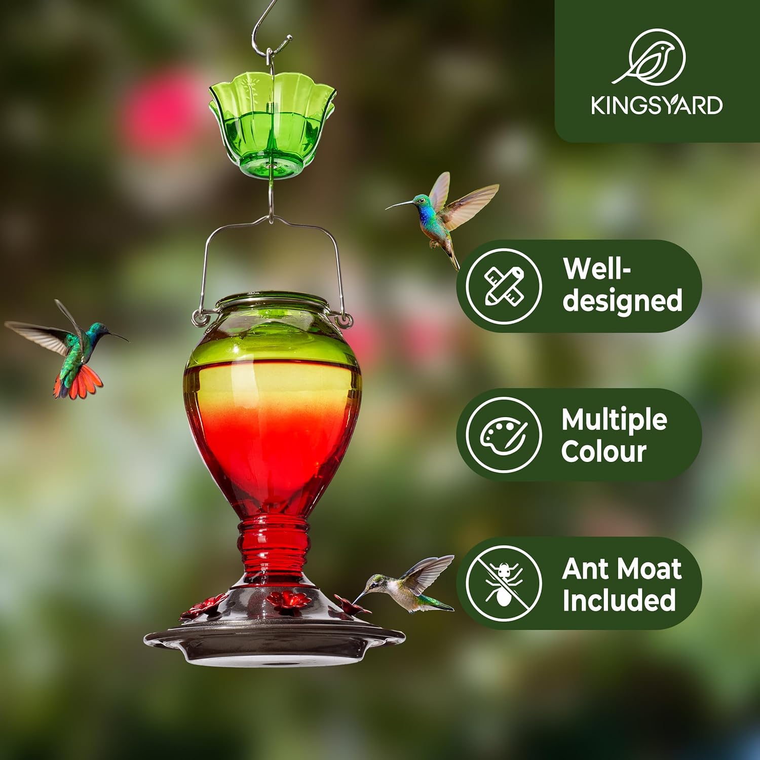 Kingsyard Glass Hummingbird Feeder - 6 Bee Guard Feeding Ports & Ant Moat, 24 oz Leak Proof, Wild Bird Feeder for Outdoors Hanging, Easy to Clean & Refill, Garden Yard Decor, Red & Green