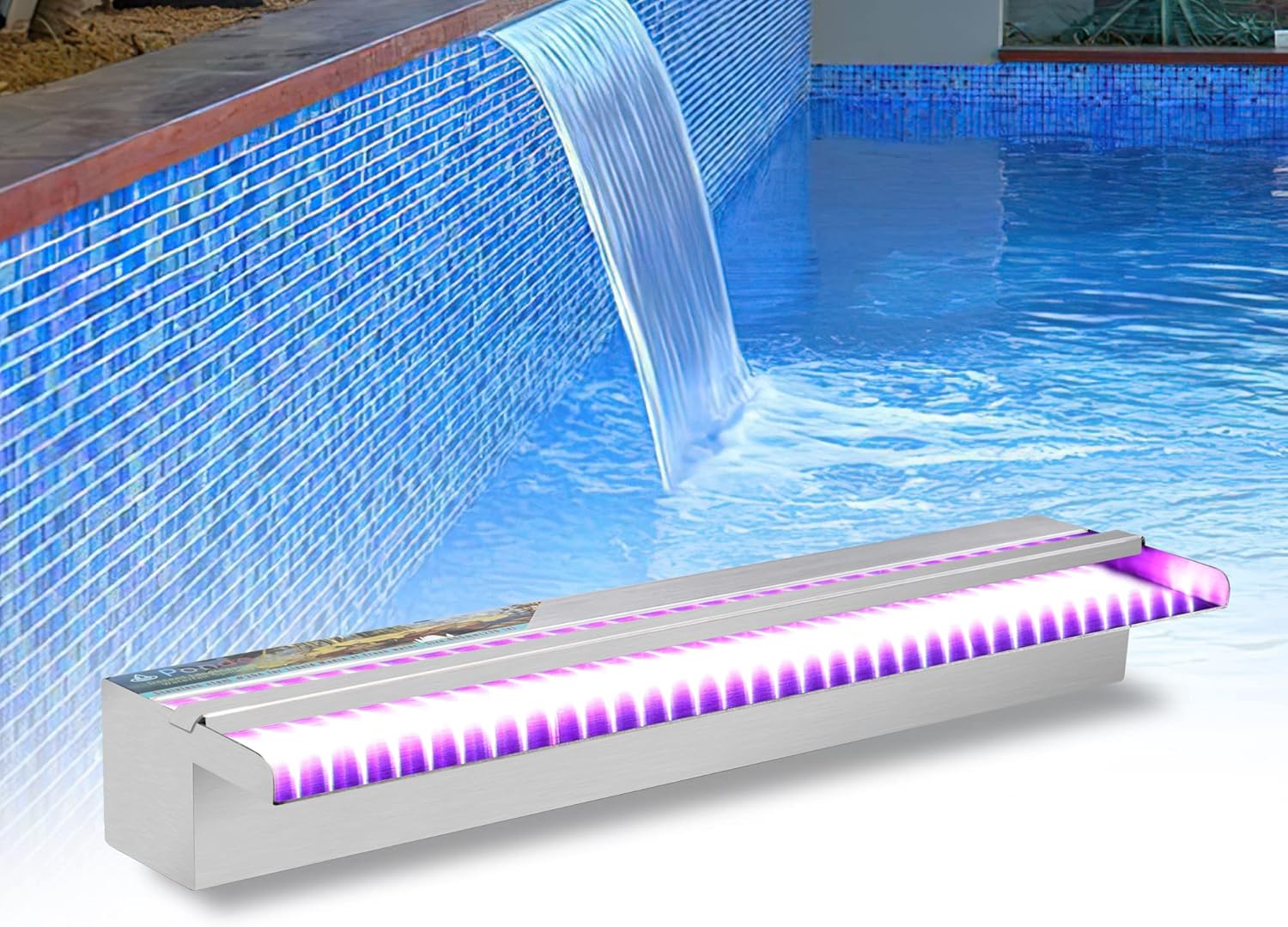 YUDA 24'' Stainless Steel Waterfall Pool Fountain with SMD LED 7 Color Changing and Remote, Lighted Waterfall Spillway for Sheer Descent Garden Outdoor