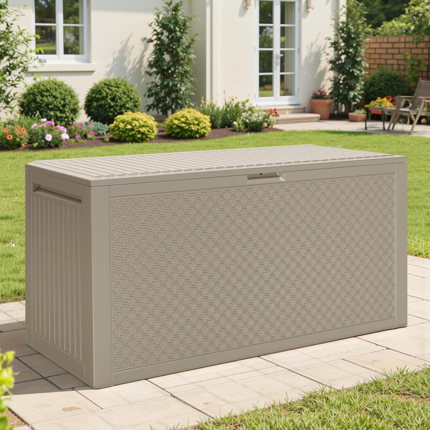 90 Gallon Outdoor Deck Box, Waterproof Outdoor Storage Box, Durable Resin Bin for Patio Cushions, Garden Tools and Pool Accessories, Lockable with UV Protection, Khaki, Patio Furniture