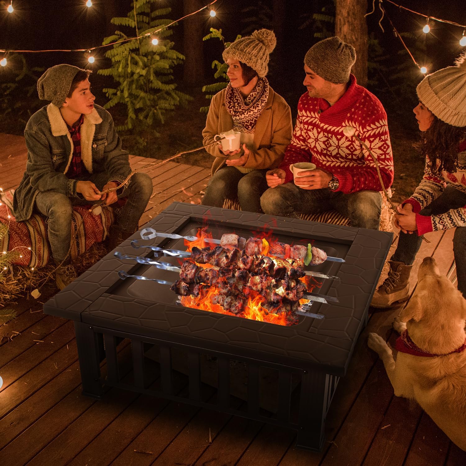 Multifunctional Fire Pit Table 36 inch Square Metal Firepit Stove Backyard Patio Garden Fireplace for Camping, Outdoor Heating, Bonfire and Picnic