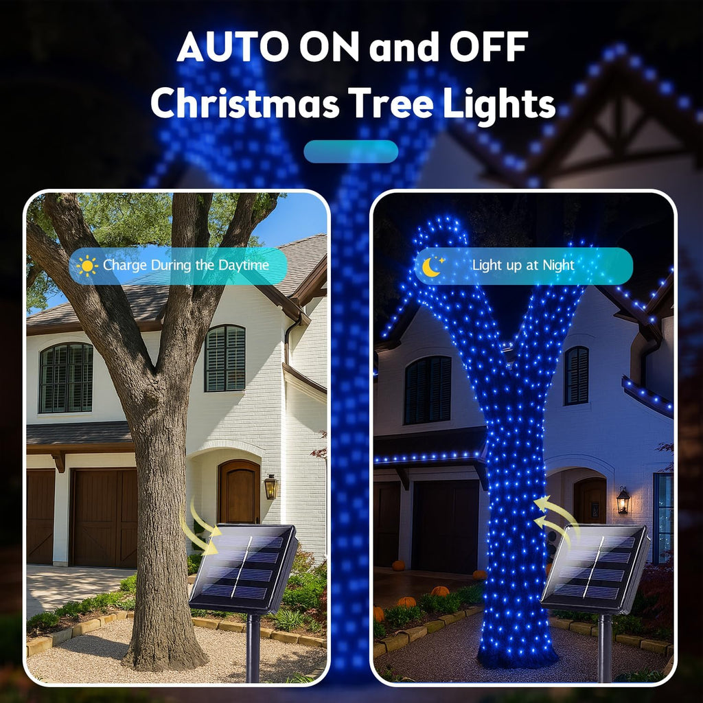 4 Pack 180FT Solar Christmas Lights Outdoor Waterproof, Super Bright 320 LED Solar String Lights with 8 Lighting Modes, Green Wire Twinkle Tree Light for Outside Xmas Party Decorations (Blue)