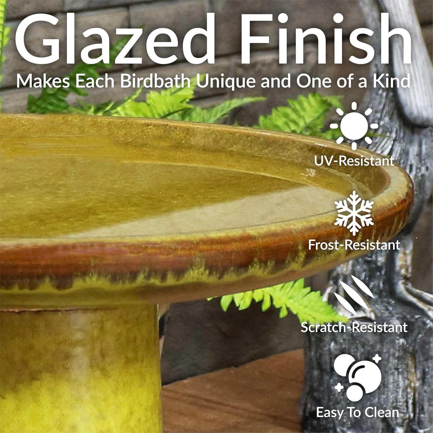 Sunnydaze 21" H Ceramic Bird Bath for Outside - Hand-Painted Outdoor Bird Bath Bowl, UV/Frost-Resistant Finish - Cognac Yellow - Ribbed Pedestal