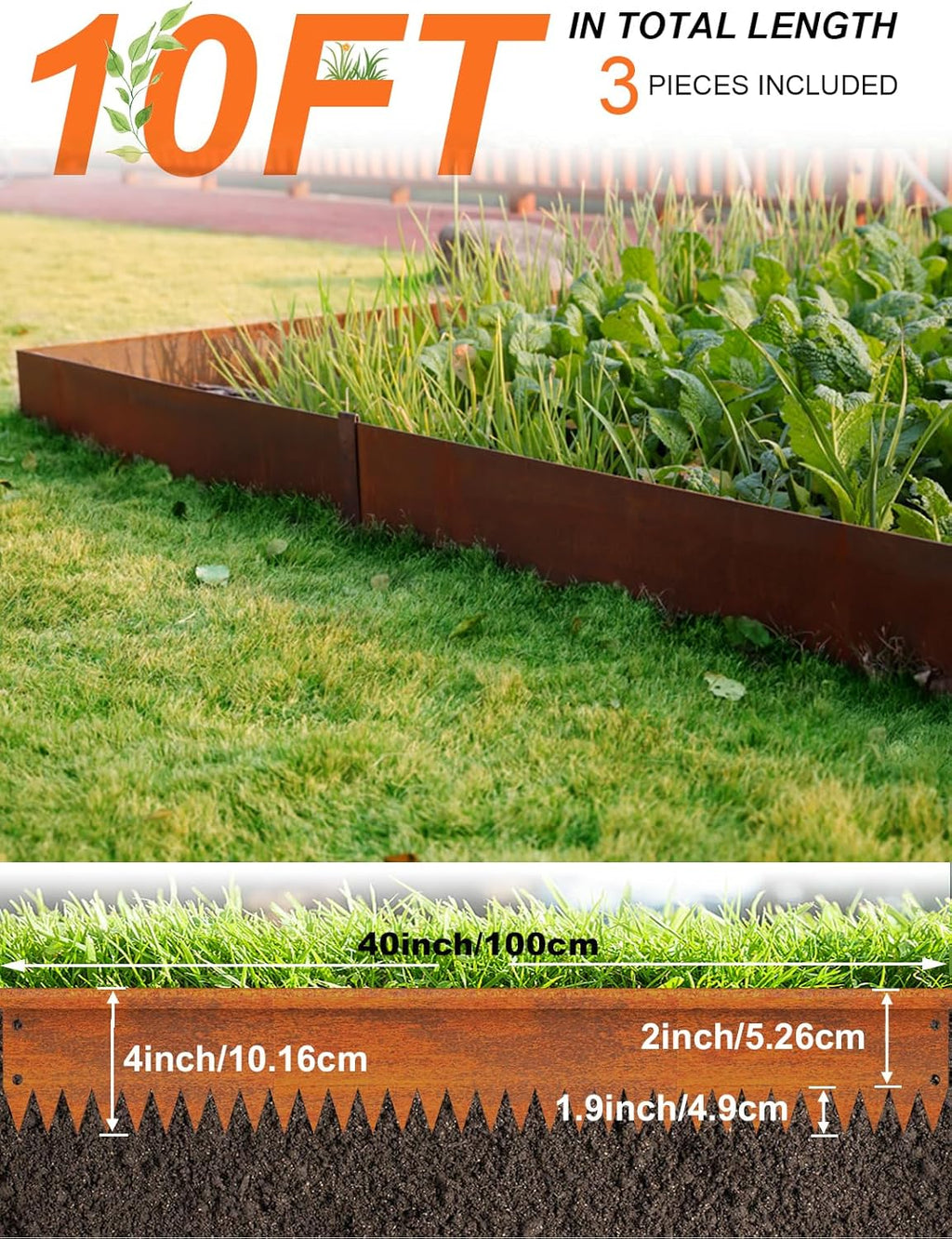 Vinci Landscape Edging Border, 40" L x 4" H 3Pack 10FT Total Rusted Corten Steel Garden Edging with Spikes, Sturdy Elegant Metal Lawn Broder for Flower Beds, Pathways, Paver Edges and Yard