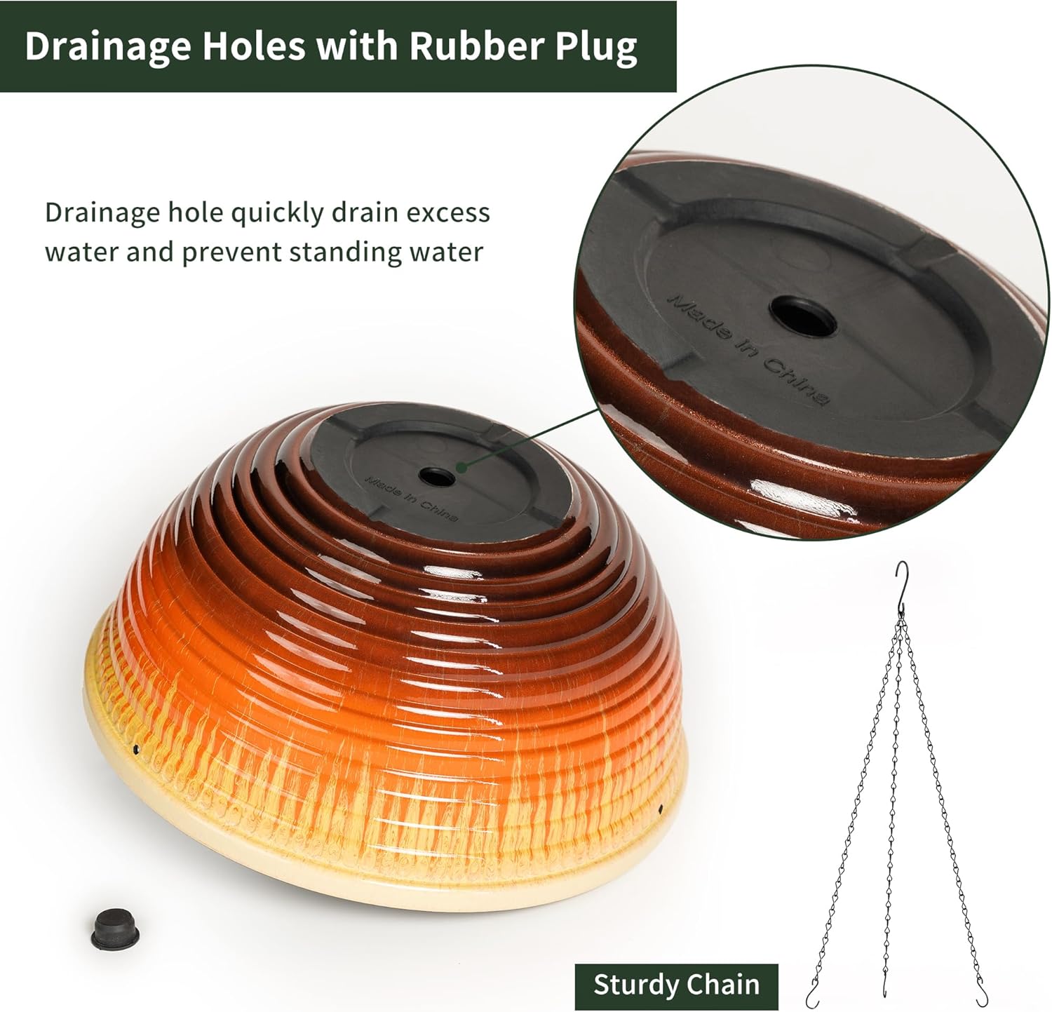 12 inch Large Hanging Planters for Indoor Outdoor Plants, Set of 2 Glazed Hanging Flower Pots with Drainage Hole, Hanging Baskets for Garden Home Porch Decor