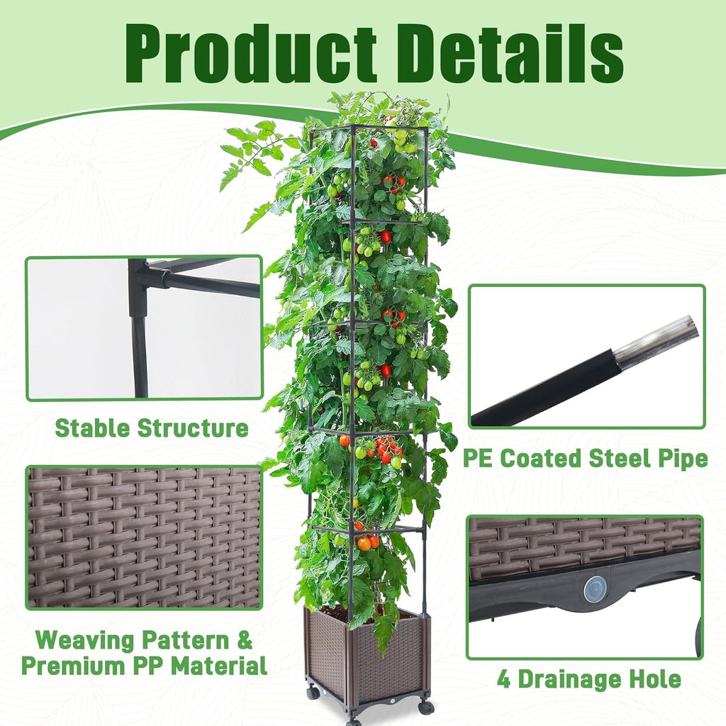 Raised Garden Bed Planter Box with Trellis, 74" Self-Watering Tomato Planters for Climbing Plants Vine Flowers Outdoor Patio, Tomatoes Cage with Wheels, 1Pack