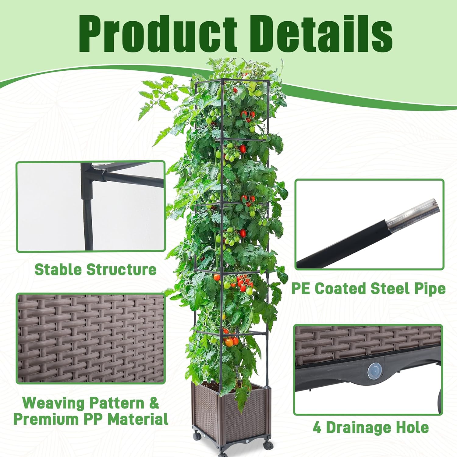 Raised Garden Bed Planter Box with Trellis, 74" Self-Watering Tomato Planters for Climbing Plants Vine Flowers Outdoor Patio, Tomatoes Cage with Wheels, 1Pack