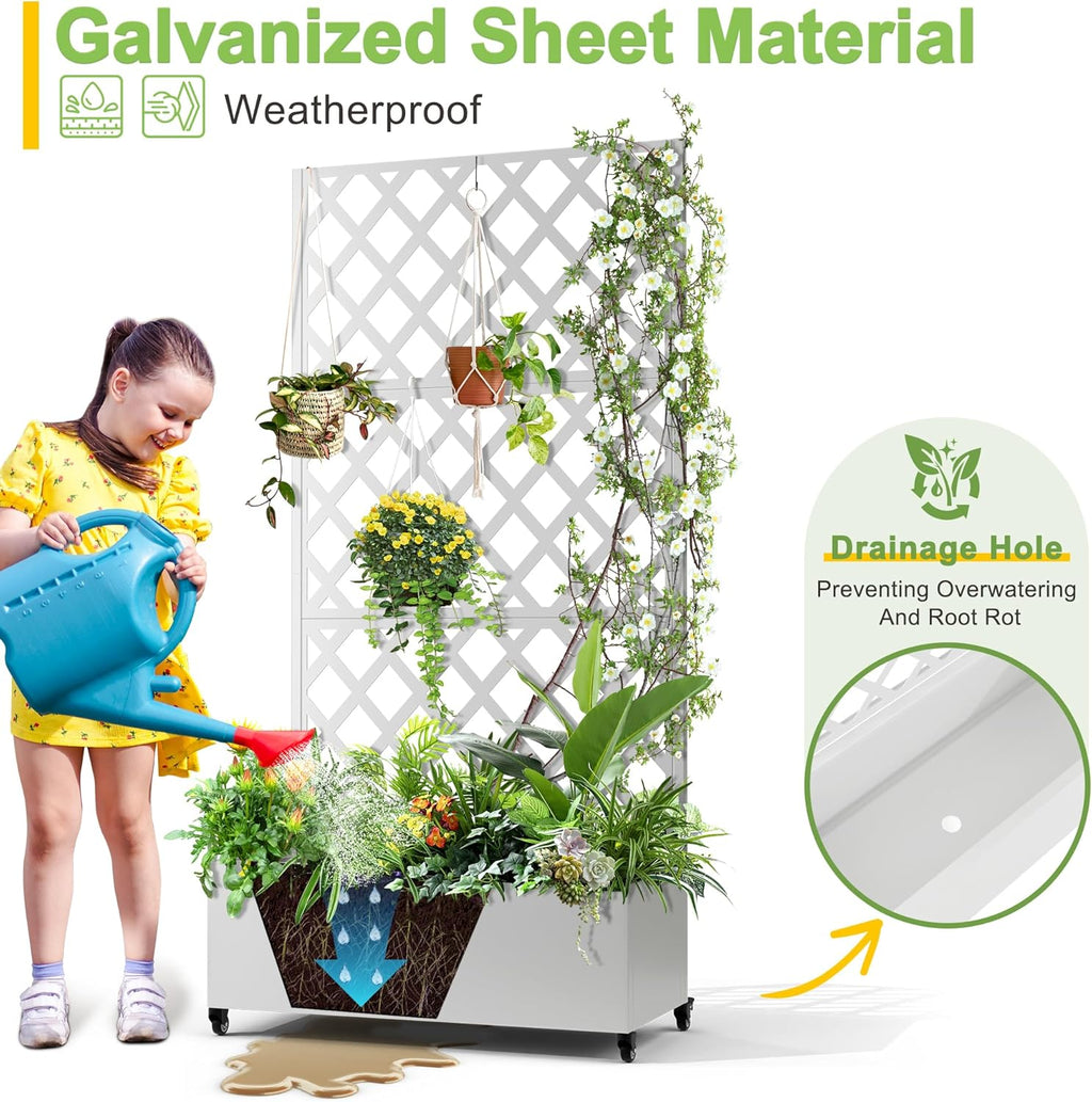 FENCY Metal Planter Box with Diamond Lattice Trellis Planter Box for Climbing Plants/Vines, Galvanized Raised Garden Bed On Wheels, Garden Bed with Trellis(73"x35" White)