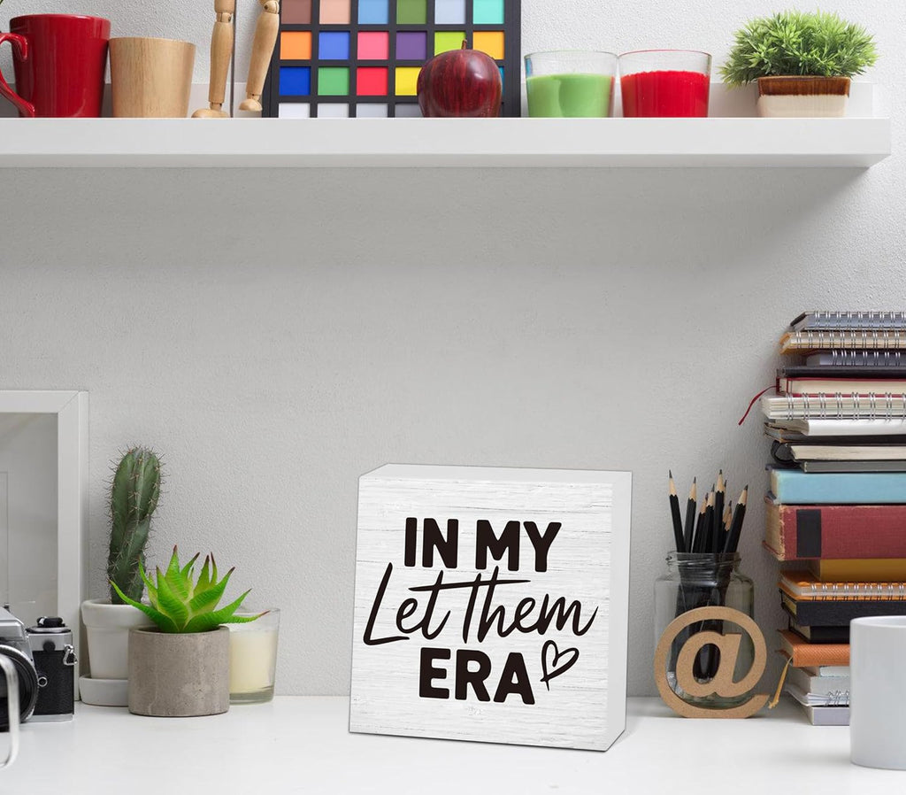 Let Them Wooden Sign, Desk Decorations For Women Office, 5x5 Inch Farmhouse Funny Office Decor Wood Box Sign, Desk Shelf Cubicle Accessories, Appreciation Gifts for Coworkers Boss, 08