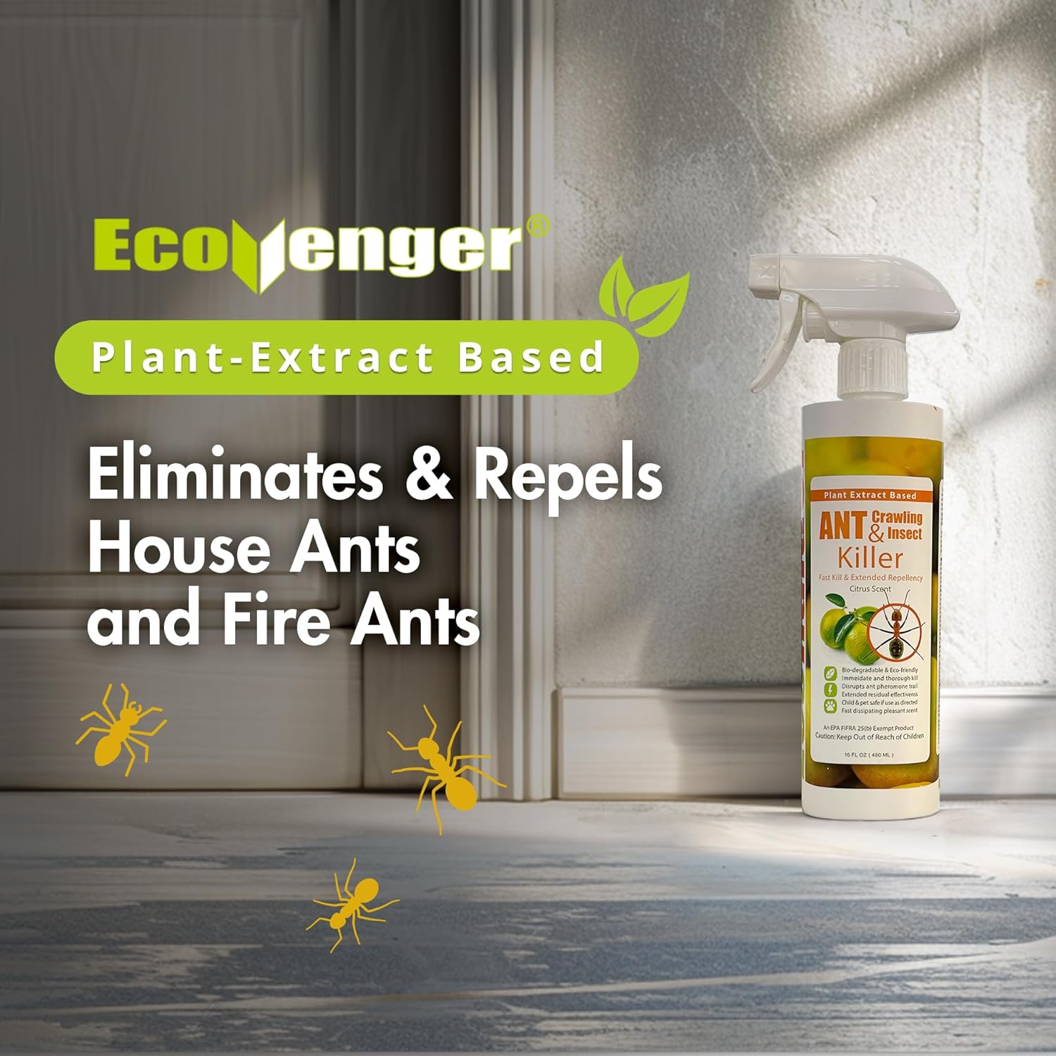 EcoVenger Ant Killer & Crawling Insect Killer (Citrus Scent) 16 oz, Kills Fast in Minutes, Also Kills Spiders, Centipedes & More, Repels with Residual, Natural & Non-Toxic, Safe for Children & Pets
