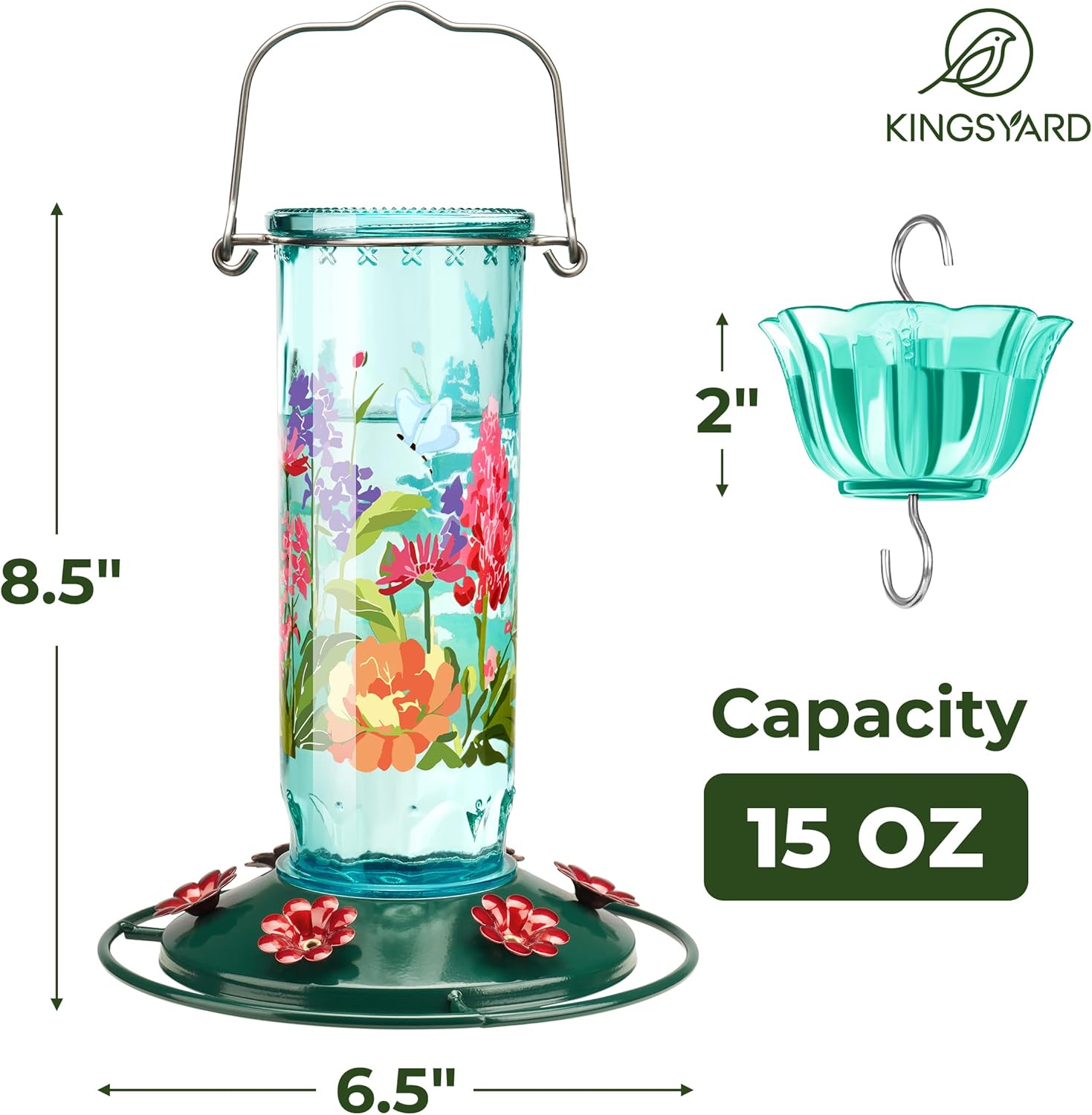 Kingsyard Hummingbird Feeder for Outdoor Hanging - Charming Patterned Glass Humming Bird Feeder with 6 Feeding Ports and Ant Moat, Ideal Gift Choice for Bird Lovers, Blue
