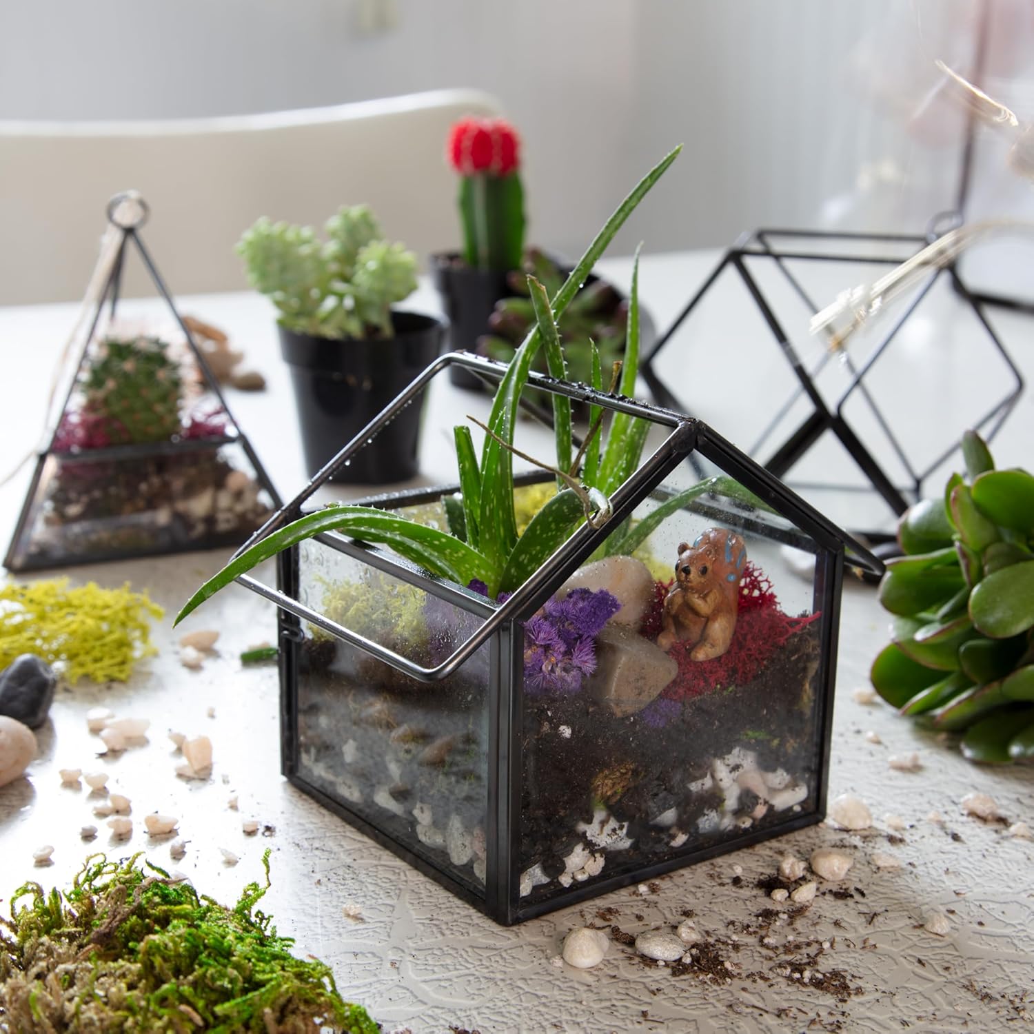 D'Eco Glass Geometric Plant Terrarium 3Pk - Hanging Brass Triangle, House & Prism Planters - Succulents, Air Plants, Moss - Summer Home, Garden, Wedding & Office Botanical Decor- Gift for Plant Lovers