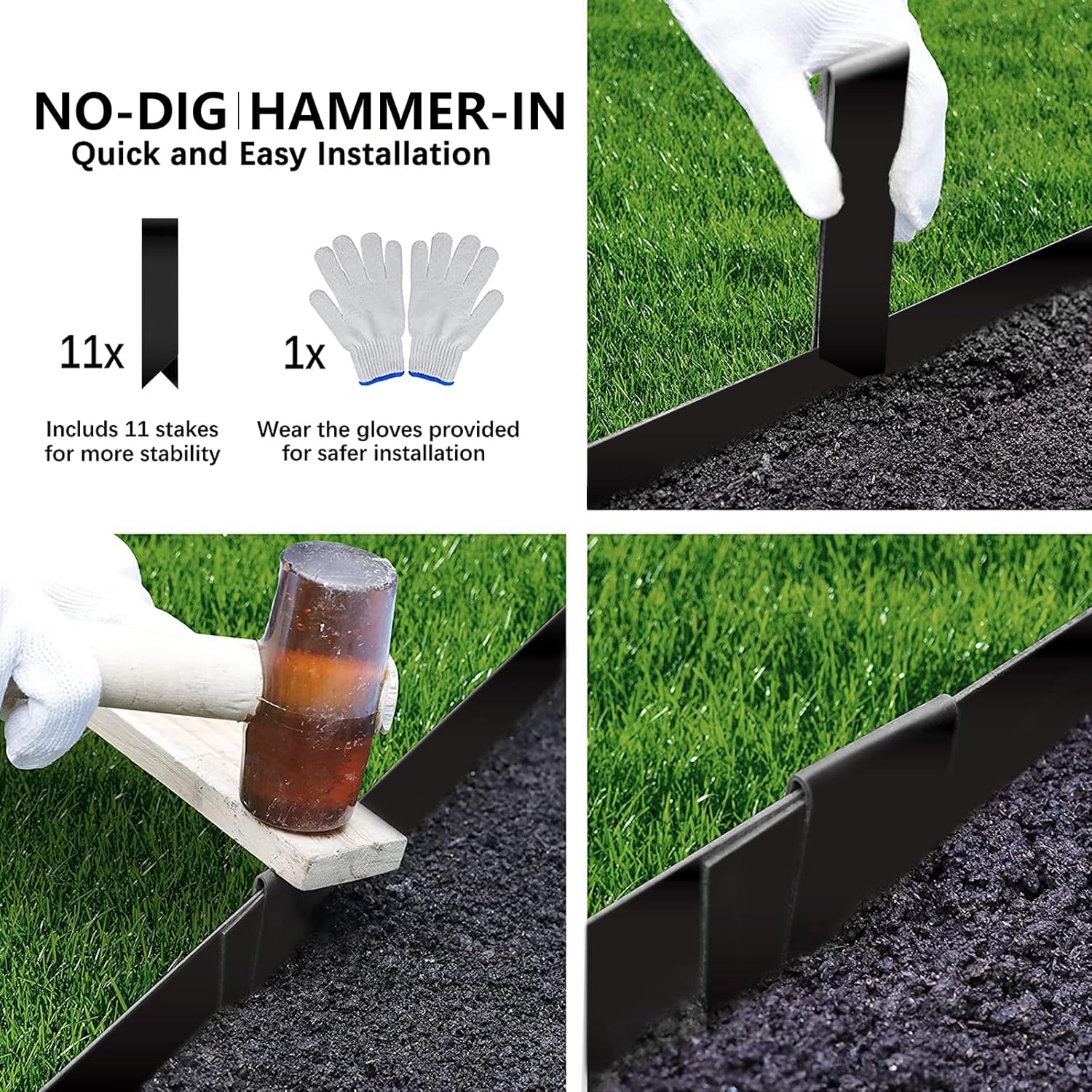 Worth Garden 10-Pack Galvanized Steel Landscape Lawn Edging - 4.5in H Black Powder Coated Bendable Metal Strips - Hammer-in Edging Border w/ 11 Clips - Yard Pathway Divider (33Ft Total)