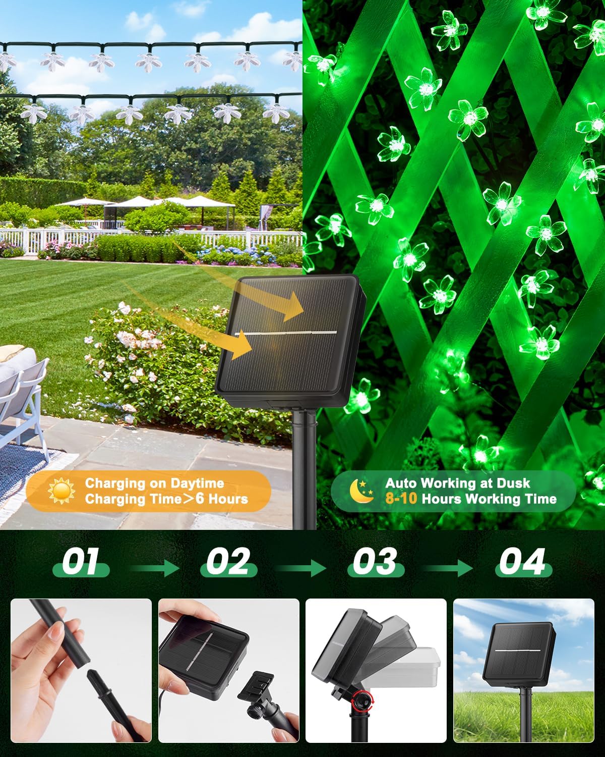 Brightown 60 LED Flower Solar Lights String Outdoor Waterproof Fairy Lights for Garden Yard Fence Patio Christmas Tree Wedding Party Decor, Green