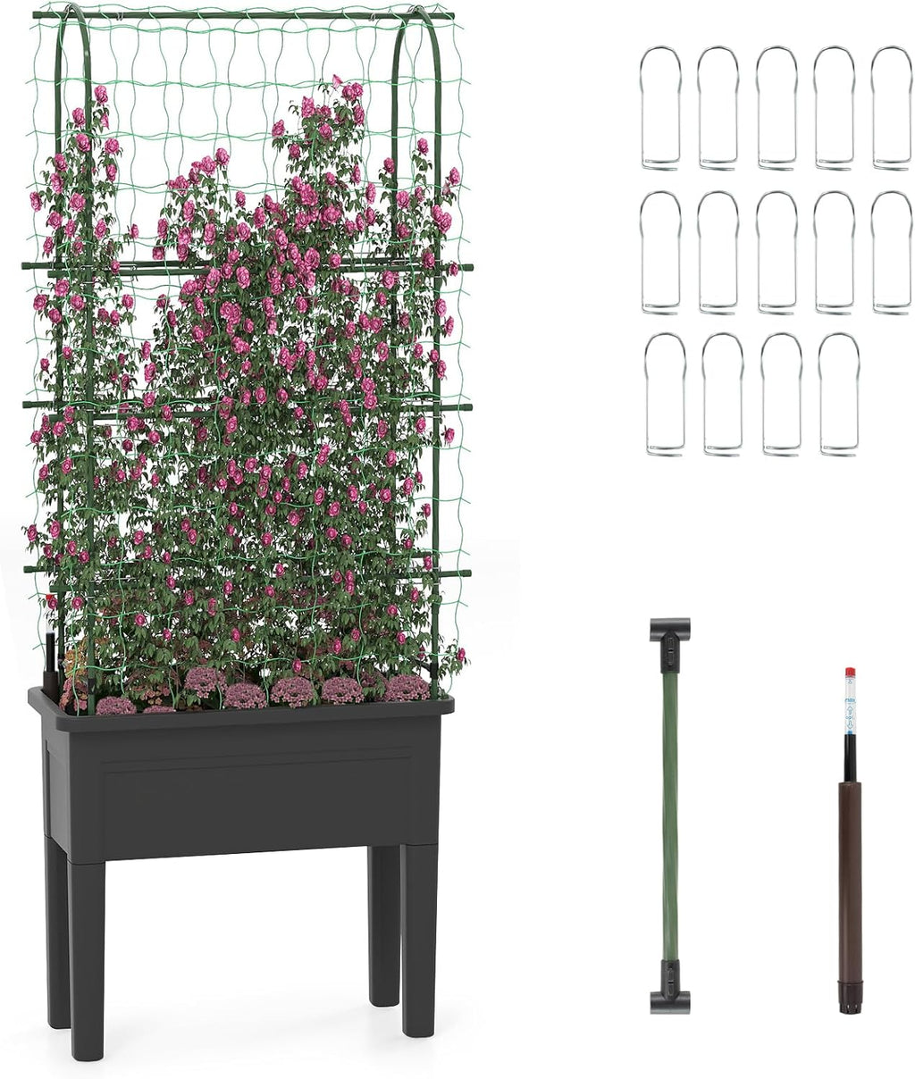 HAPPYGRILL 4-in-1 Raised Garden Bed with Climbing Trellis, Self-Watering Elevated Planter with Water Level Indicator, Drainage Hole, Outdoor Plastic Planter Box with 4 Detachable Legs for Garden Lawn