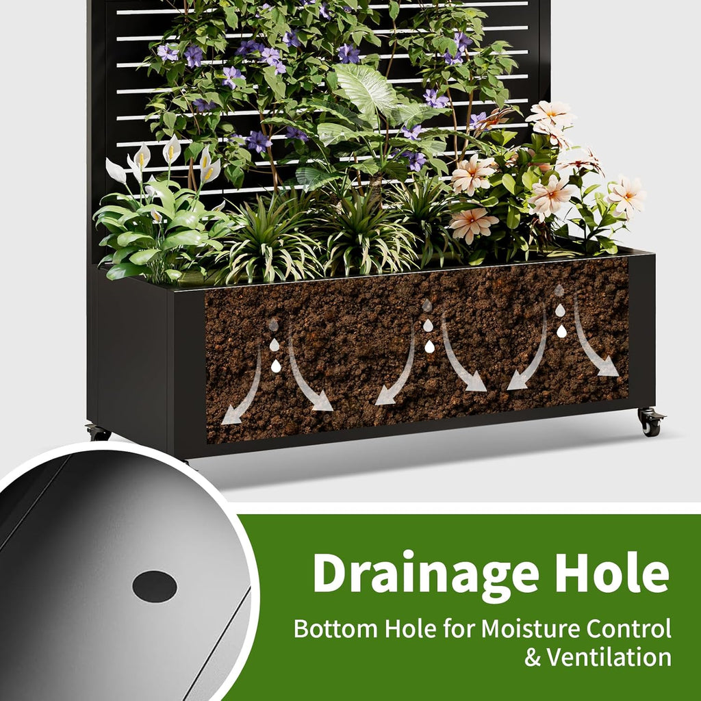 Metal Planter Box with Trellis and Wheels, 73"x35"x16" Galvanized Steel Raised Garden Bed with Drainage Holes and Privacy Screen Function for Climbing Plants, Vegetables, Flowers, and Vines–Black