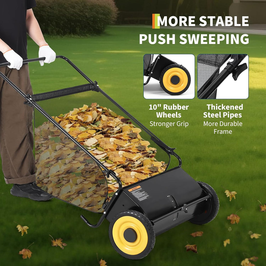 GAOMON 26-Inch Push Lawn Sweeper, Grass, Lawn and Leaf Cleanup Collector with Large 7 cu. ft. Hopper Bag, and Dual Spinning Brushes, Black