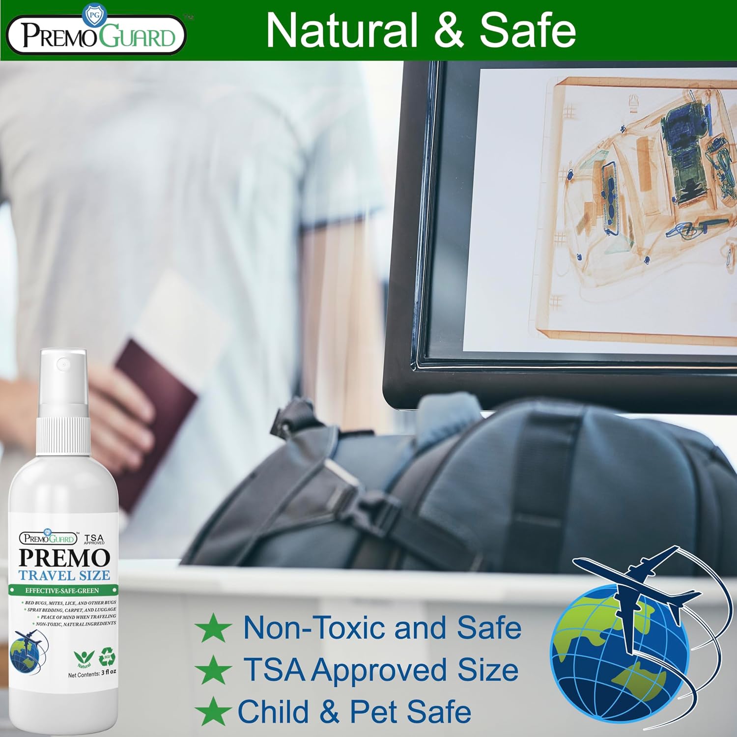 Travel Bed Bug & Mite Killer Spray by Premo Guard 3 oz – Child & Pet Safe – Fast Acting – Stain & Odor Free – Best Protection – Carryon Bag Approved