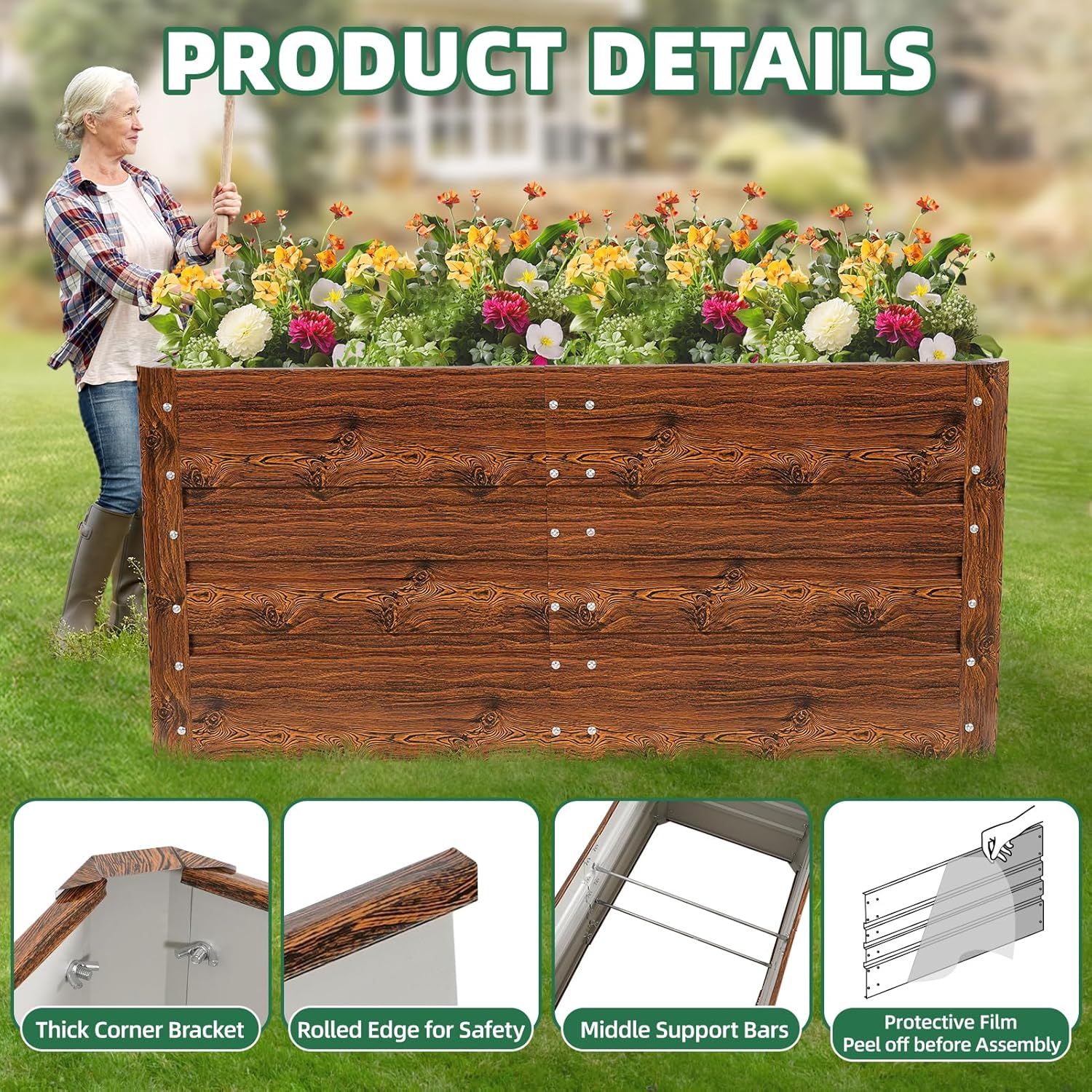 G GOOD GAIN 4x2x1.8ft Raised Garden Bed - Metal Planter Box Outdoor with Weed Barrier Fabric | Deep Root Raised Beds for Gardening Vegetables Flowers Herb Fruits (Wood Grain)