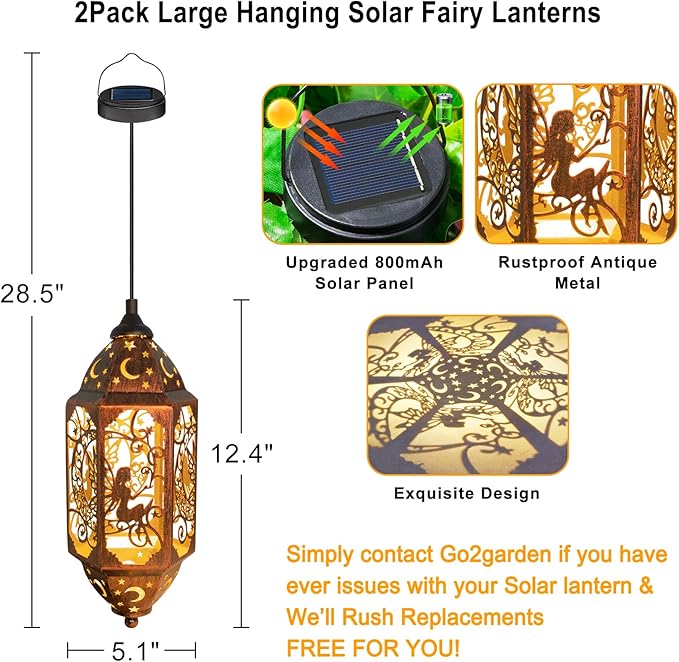 Go2garden 12.4" Outdoor Solar Lanterns Waterproof Garden Gifts Women, Moon Fairy Statue Solar Haning Lights for Patio, Yard Decorations, Mothers Day Gifts for Mom, Grandma(2Pack, Red Copper)