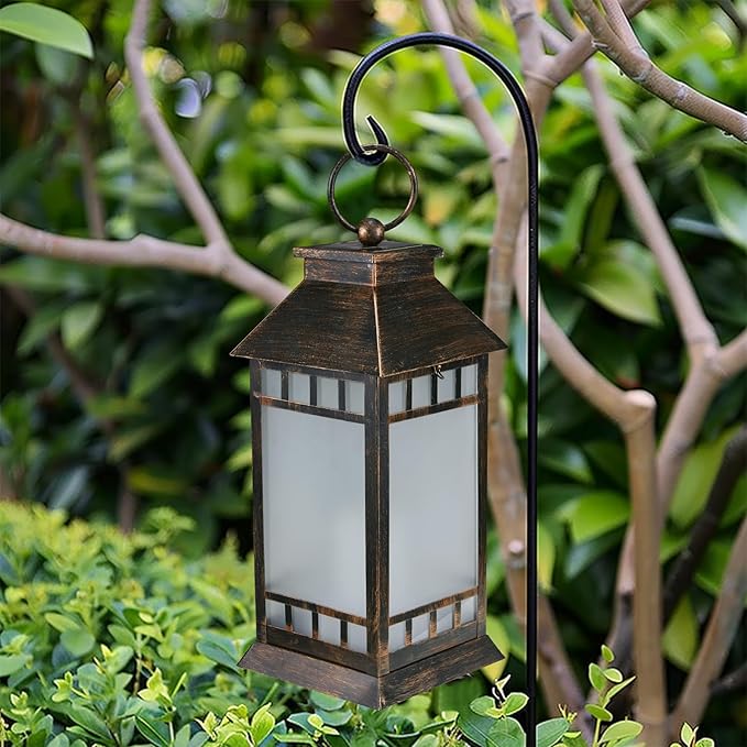 18'' Glass Solar Lantern Outdoor Waterproof, Large Hanging Solar Lanterns with Flickering Flame Lights, Metal Outdoor Lantern Decorative for Patio Garden Backyard Tabletop, Vintage Bronze