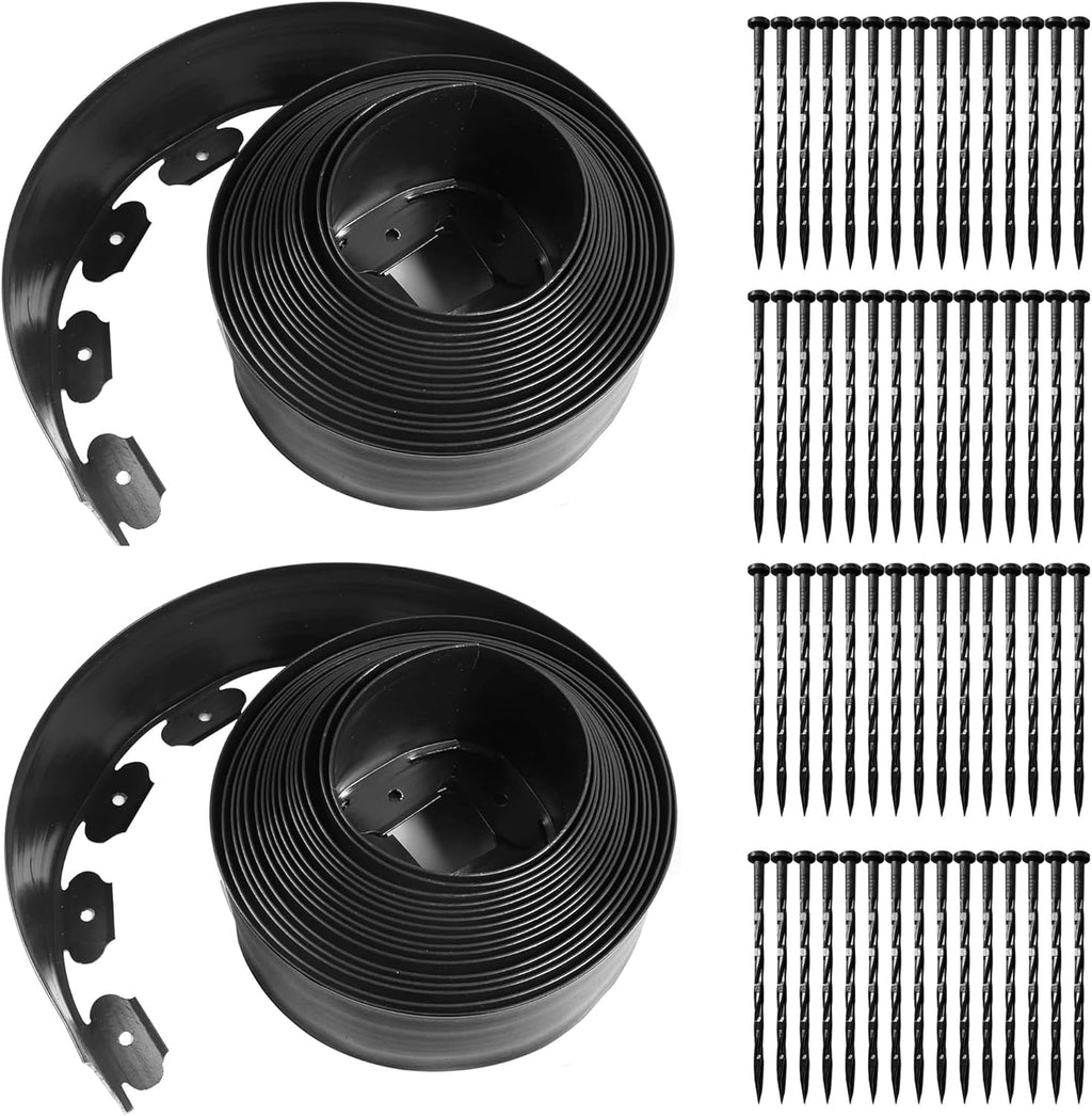 Landscape Edging Coil 66 FT, 4 Inch Tall Garden Edging Border Flexible Lawn Edging Kit with 60 Spikes, Plastic Edging for Landscaping Flower Beds Yard Pathway Paver Edging (4IN x 66FT, Black)