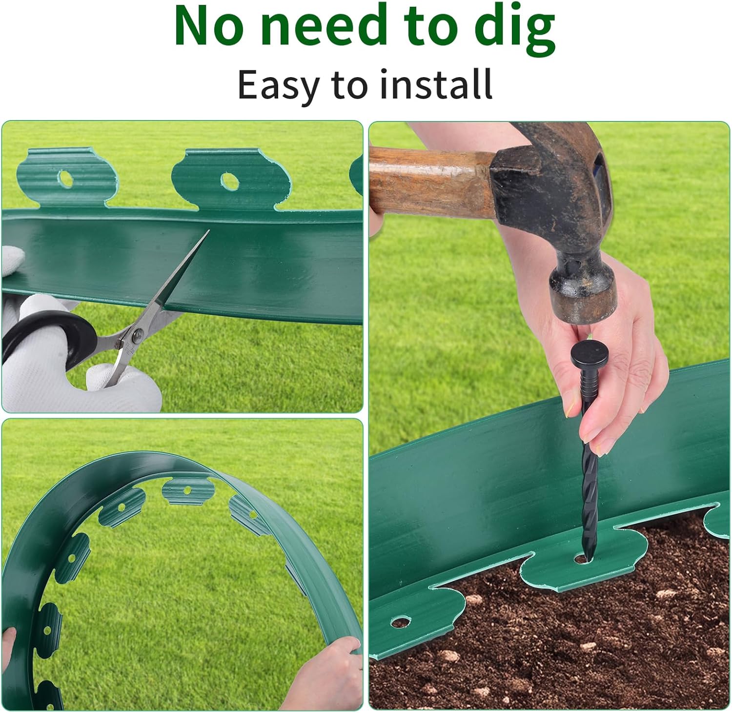 4 in x 25 Ft Garden Landscape Edging, No Dig Garden Edging Border Kit with 46 Pcs Spikes for Flower Bed Lawn Yard Grass Green