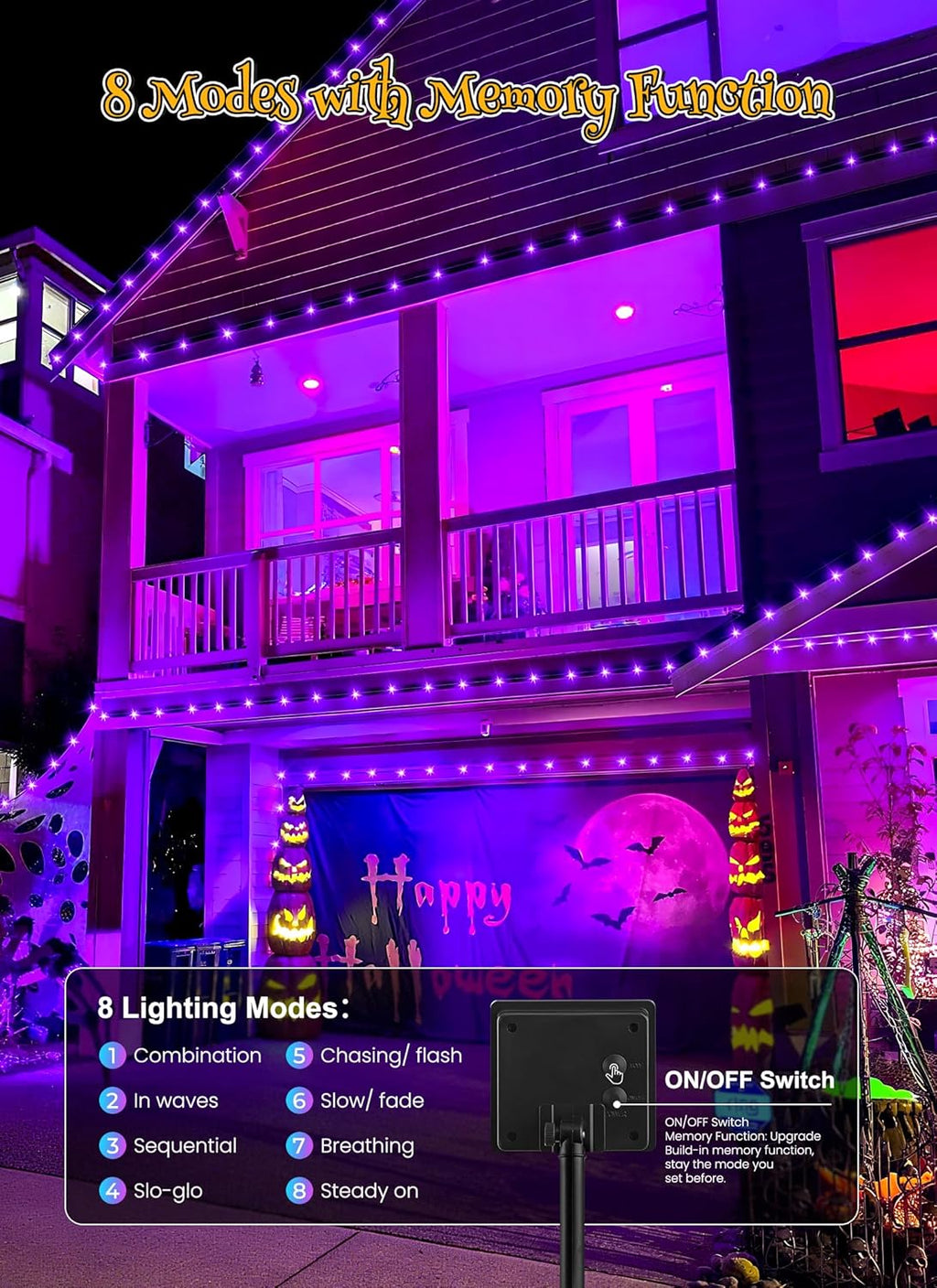 Brightown 4 Pack Halloween Solar String Lights, Total 184FT 480 LED Solar Lights Outdoor Waterproof Black Wire with 8 Modes, Solar Fairy Light for Garden Yard Patio Party Decors, Purple