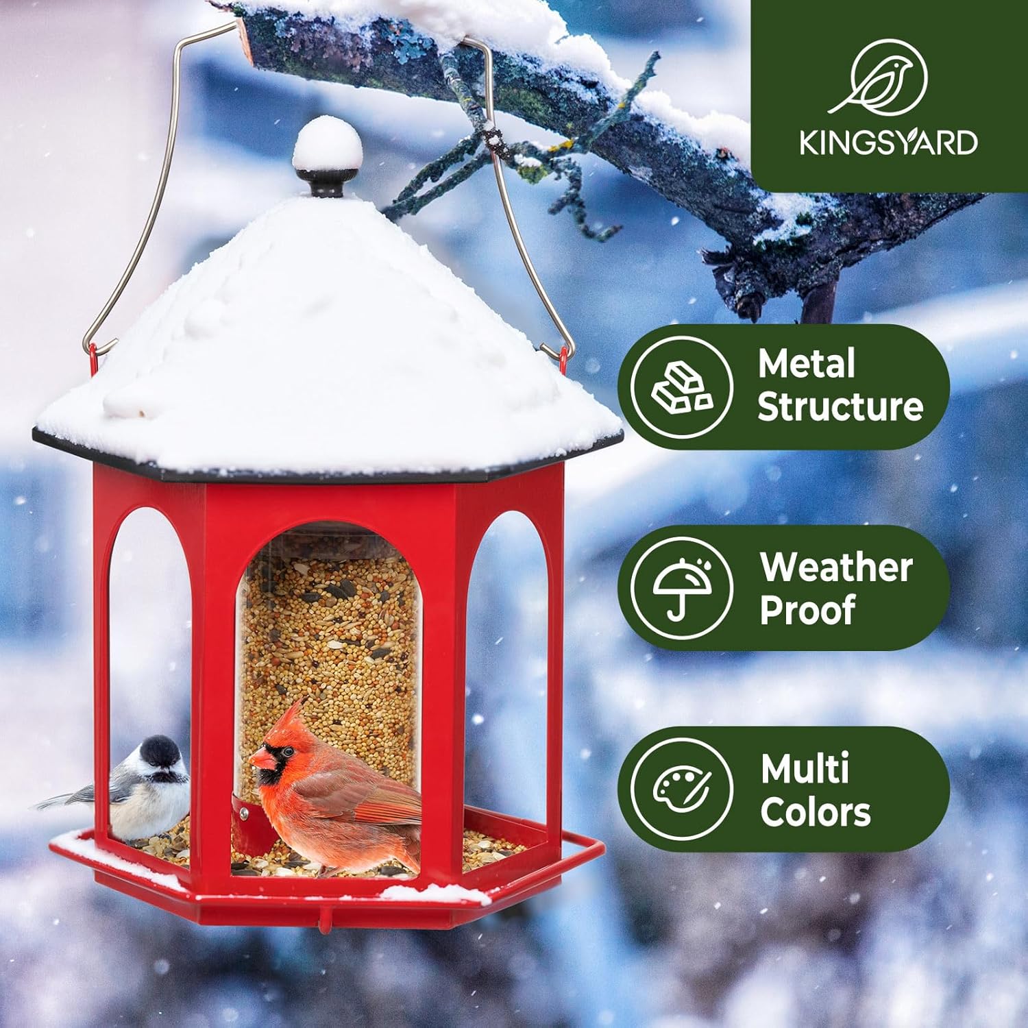 Kingsyard Metal Bird Feeder for Outdoors Hanging, 3 lbs Seed Feeder, Wild Bird Feeders for Garden Cardinal Finch Bluebird, Easy to Fill & Clean, Red