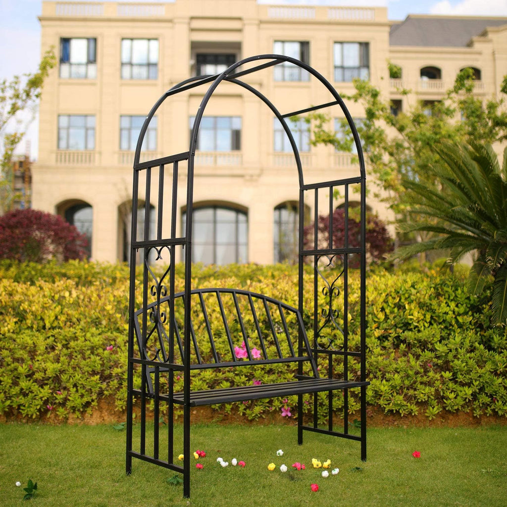 Steel Garden Arch with Seat for 2 People, 6'7" High x 3'7" Wide, Garden Arbor for Various Climbing Plant, Outdoor Garden Lawn Backyard