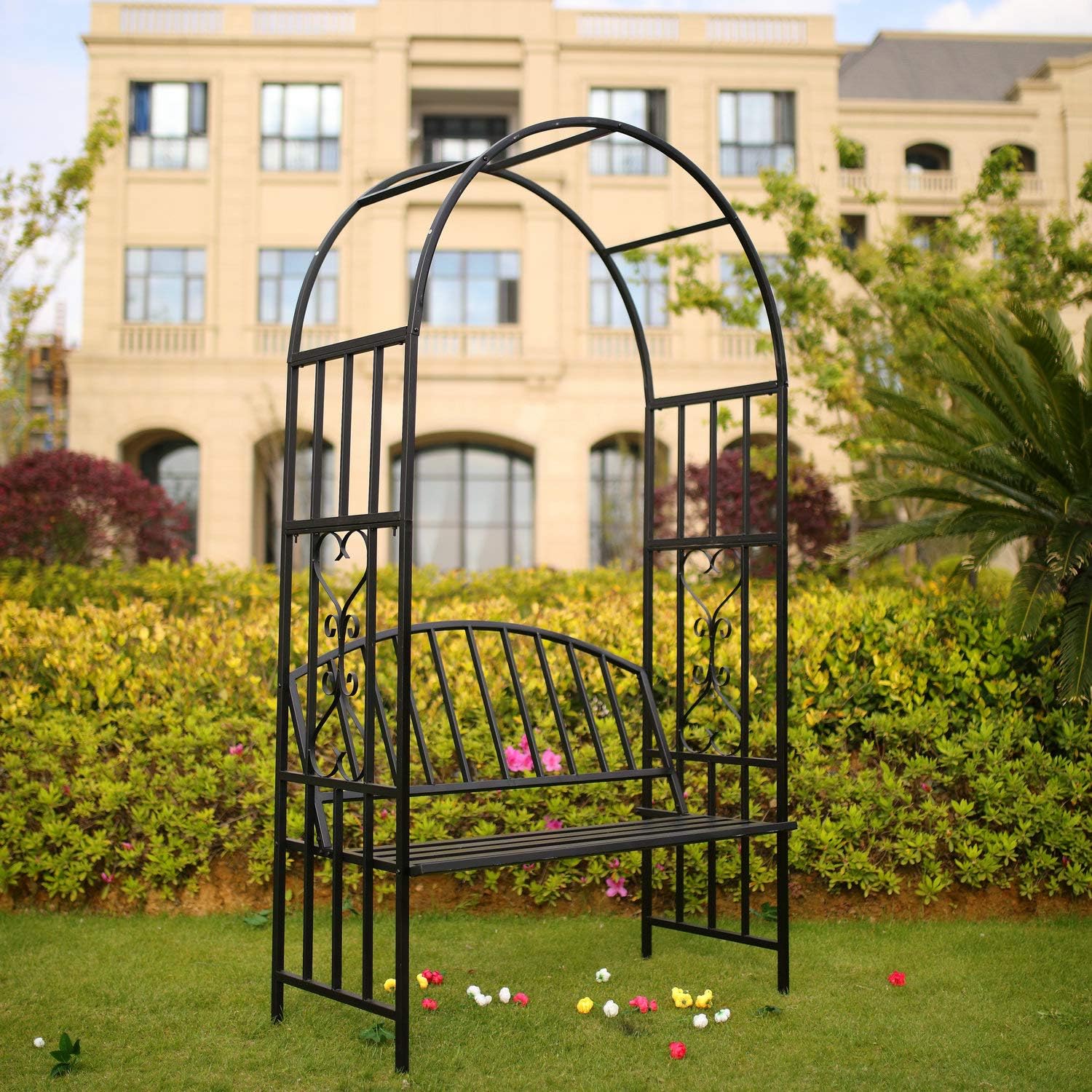Steel Garden Arch with Seat for 2 People, 6'7" High x 3'7" Wide, Garden Arbor for Various Climbing Plant, Outdoor Garden Lawn Backyard