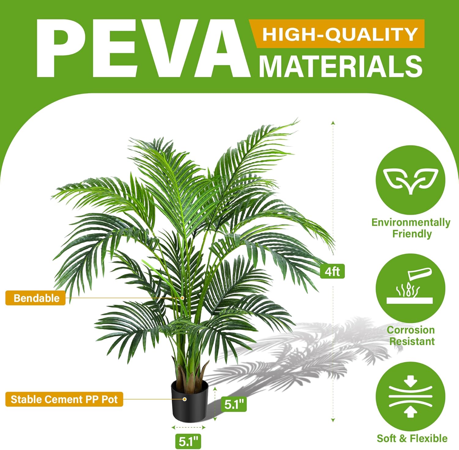 KOL 4ft Artificial Areca Palm Tree Plant, 47in Fake Cane Palm Silk Tree Indoor Outdoor, Dypsis Lutescens, Realistic Faux Silk Plants for Office Home Garden Decoration, Lifelike Modern Decor