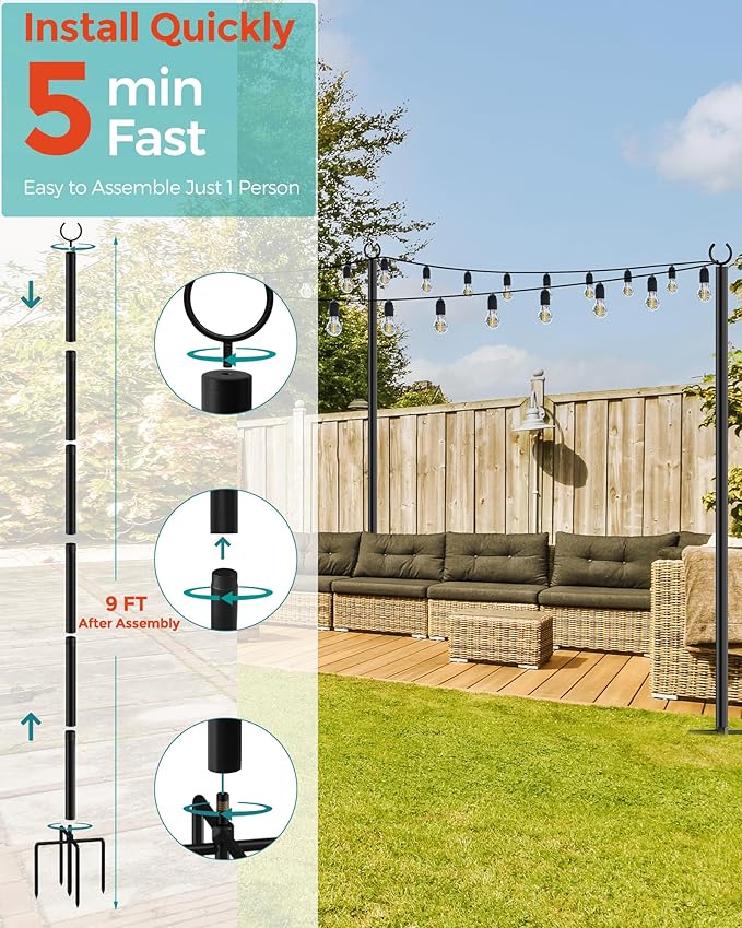 LAND·VOI 2 Pack String Light Poles, 9FT Heavy Duty Metal Light Poles for Outside String Lights, Outdoor Light Poles with 5 Prong Fork, Lighting Stand for Patio, Backyard, Garden, Deck, Black FLP12B