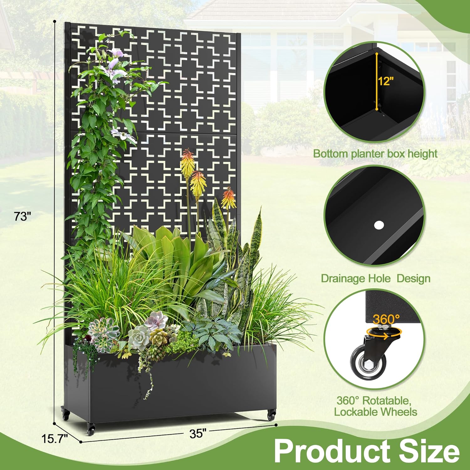 Raised Garden Bed with Trellis and Wheels,73"x35"x16" Metal Raised Garden Bed,Black Squared Metal Planter with Climbing Trellis for Vines & Vegetables